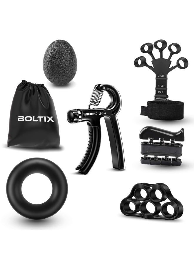 BOLTIX Grip Strength Trainer Kit (6 Pack) - Finger Exerciser, Hand Grip Strengthener, Stress Relief Ball and Forearm Workout Ring - Image 1