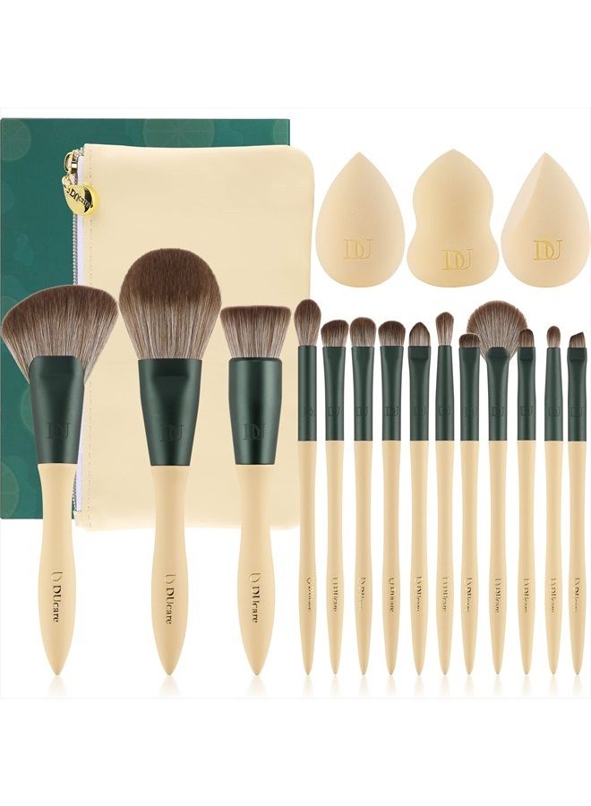 DUcare Makeup Brushes 14Pcs with 3Pcs Makeup Spong & Cosmetic Bag - Lime Mojito Series Professional Kabuki Foundation Blending Brush Face Powder Blush Concealers Eye Shadows - Image 1