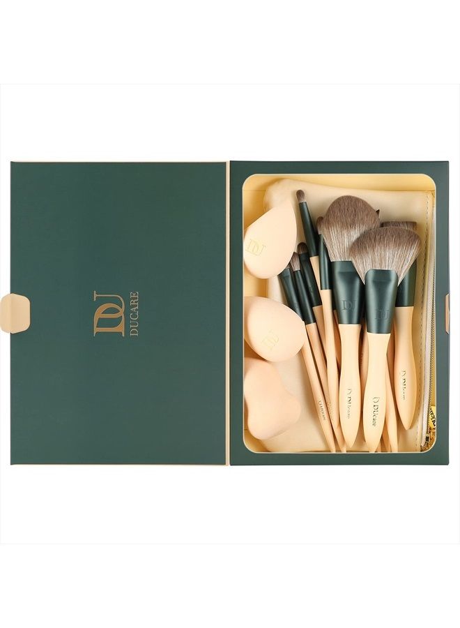 DUcare Makeup Brushes 14Pcs with 3Pcs Makeup Spong & Cosmetic Bag - Lime Mojito Series Professional Kabuki Foundation Blending Brush Face Powder Blush Concealers Eye Shadows - Image 3