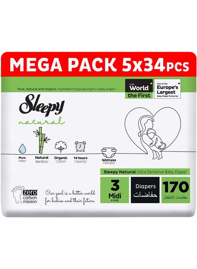 Sleepy Natural Size 3, Newborn, 170 Count, 4-9Kg Hypoallergenic Baby Dry Diapers, Organic Cotton, Highly Absorbent, Bamboo Extract, 5 X 34 Ultimate Comfort And Dryness, 100% Leakage Protection