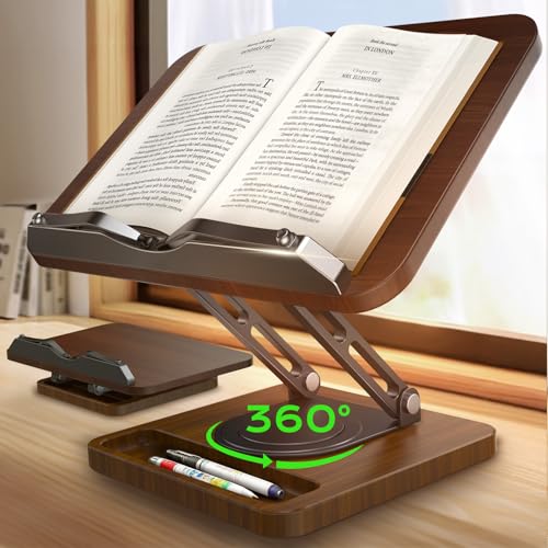 LOXP Book Stand for Reading, Adjustable Book Holder, 360° Rotating Bases with Pen Slot, Ergonomic Cookbook Stand Recipe Book Holder with Elastic Page Clips for Magazines, Tablets, Laptops - Image 1