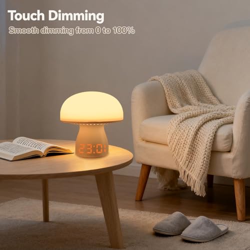 AVEKI Mushroom Lamp with Clock, Cute Touch Bedside Table Lamps for Bedroom Living Room Decor, Small Portable Wireless Desk Lamp for Nightstand, Rechargeable Mushroom Night Light for Kids Adults (Model A) - Image 4