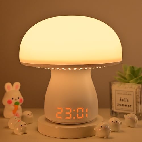 AVEKI Mushroom Lamp with Clock, Cute Touch Bedside Table Lamps for Bedroom Living Room Decor, Small Portable Wireless Desk Lamp for Nightstand, Rechargeable Mushroom Night Light for Kids Adults (Model A) - Image 1