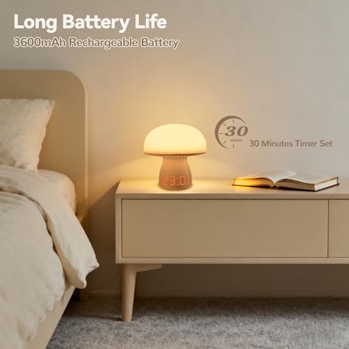 AVEKI Mushroom Lamp with Clock, Cute Touch Bedside Table Lamps for Bedroom Living Room Decor, Small Portable Wireless Desk Lamp for Nightstand, Rechargeable Mushroom Night Light for Kids Adults (Model A) - Image 5