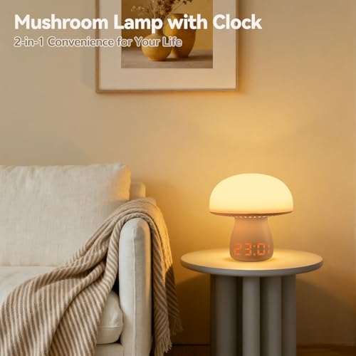 AVEKI Mushroom Lamp with Clock, Cute Touch Bedside Table Lamps for Bedroom Living Room Decor, Small Portable Wireless Desk Lamp for Nightstand, Rechargeable Mushroom Night Light for Kids Adults (Model A) - Image 2