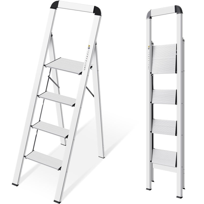 KINGRACK Folding Step Ladder  4 Steps NonSlip Aluminium Max Load 150 kg Silver