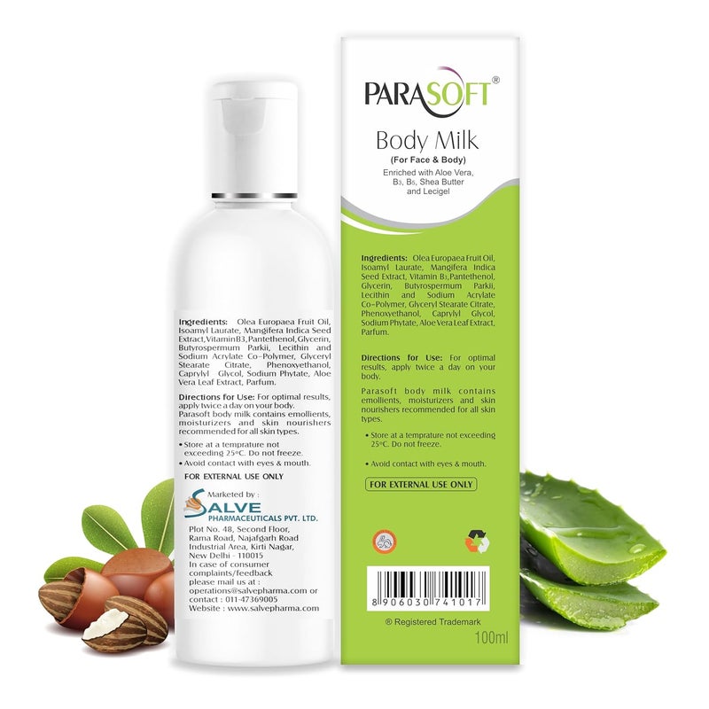 Parasoft Moisturizing Hydrating Face Body Milk with Goodness of Aloe vera Shea butter and Vitamin B3 B6 for Normal to Very Dry Skin Quick Absorbing100mlpack of 4 - Image 2