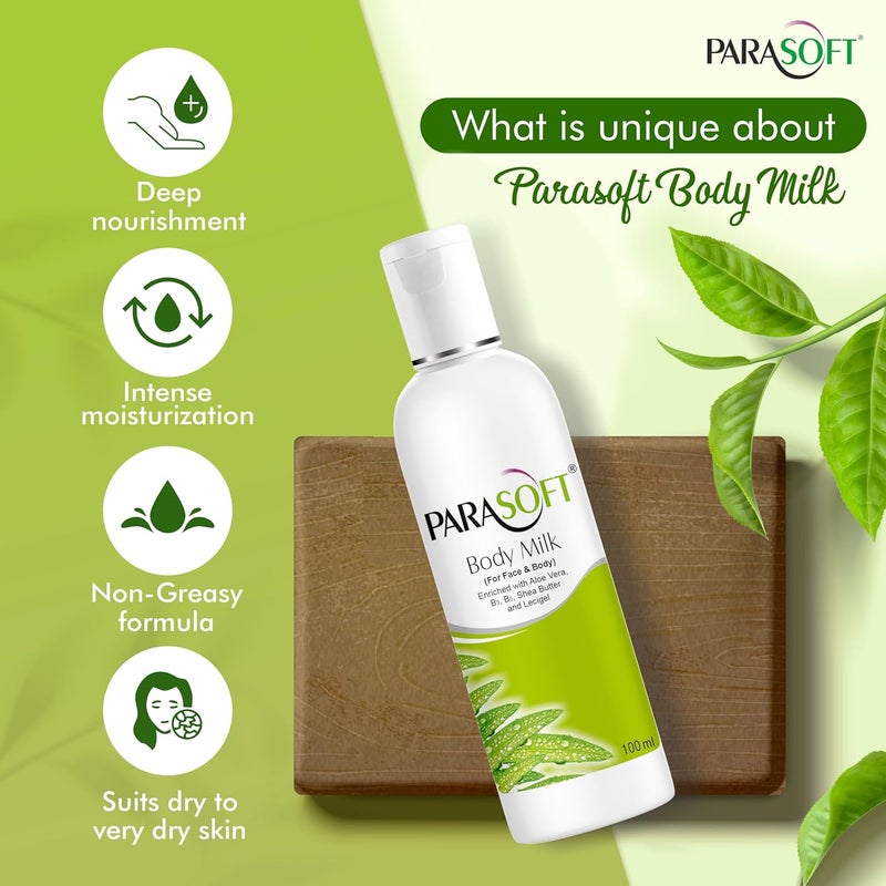 Parasoft Moisturizing Hydrating Face Body Milk with Goodness of Aloe vera Shea butter and Vitamin B3 B6 for Normal to Very Dry Skin Quick Absorbing100mlpack of 4 - Image 3