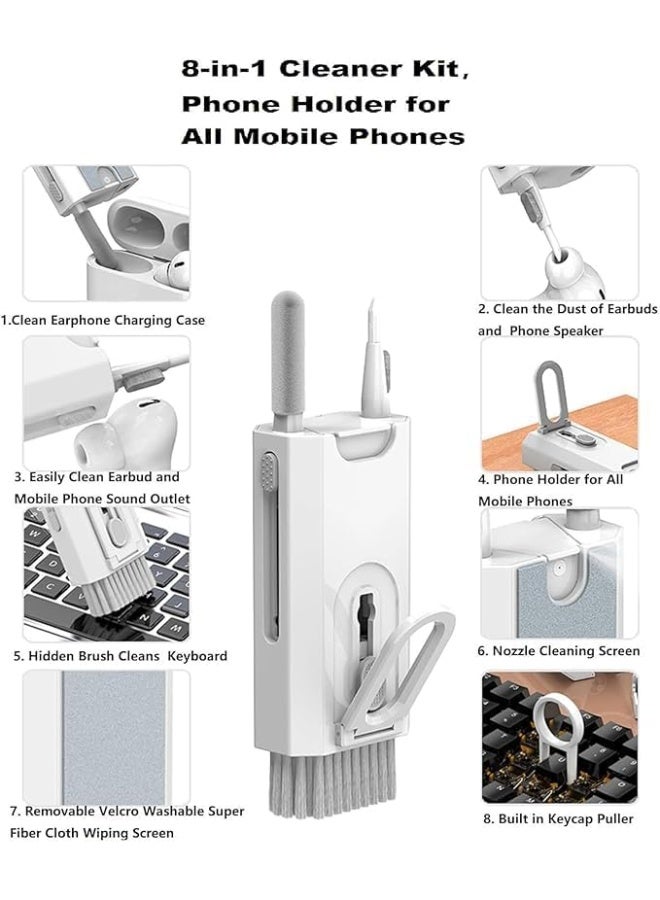 8 in 1 Multifunctional Cleaning Kit Keyboard Dust Cleaner Earphone Brush Phone Screen Cleaner with Soft Bristles Built in Keycap Puller Washable Cloth Phone Holder for PC Camera Tablet,White - Image 5