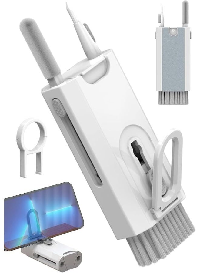8 in 1 Multifunctional Cleaning Kit Keyboard Dust Cleaner Earphone Brush Phone Screen Cleaner with Soft Bristles Built in Keycap Puller Washable Cloth Phone Holder for PC Camera Tablet,White - Image 1