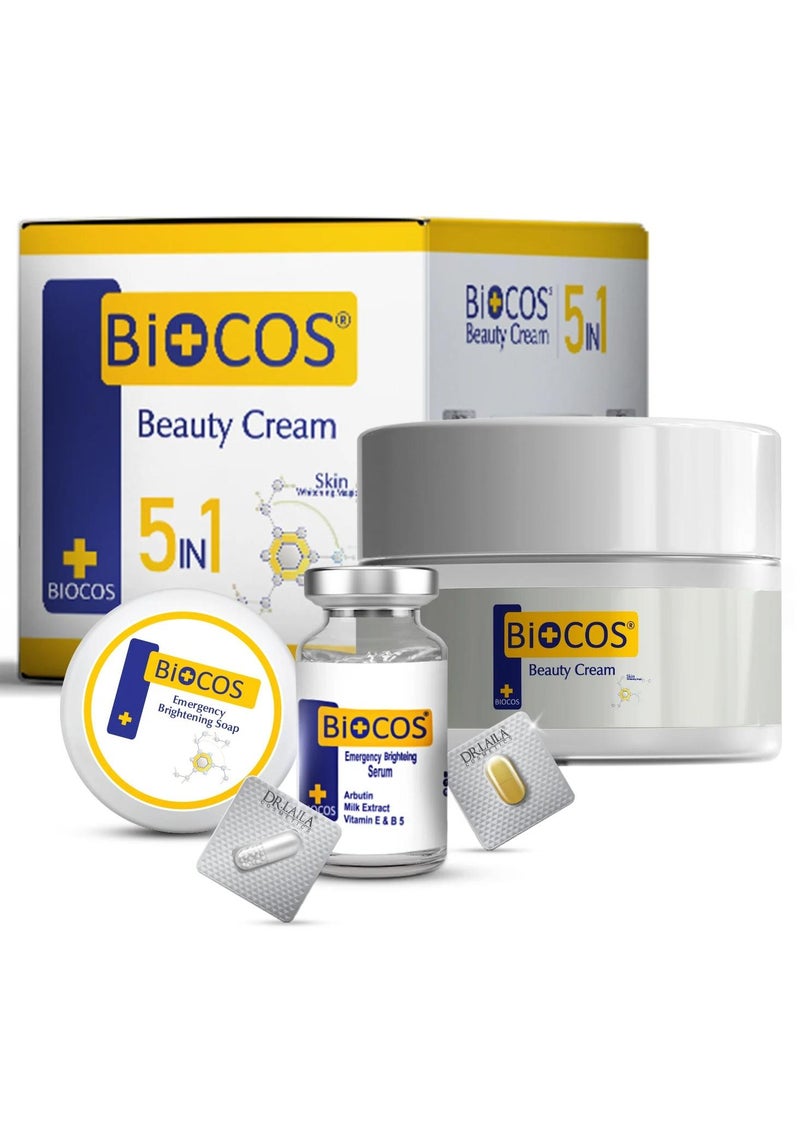BIOCOS 5-in-1 Beauty Cream - Anti-aging Brightening And Deep Hydrating Formula Enriched With Arbutin Vitamin E, B5, Kojic Acid, Serum, And Beauty Soap