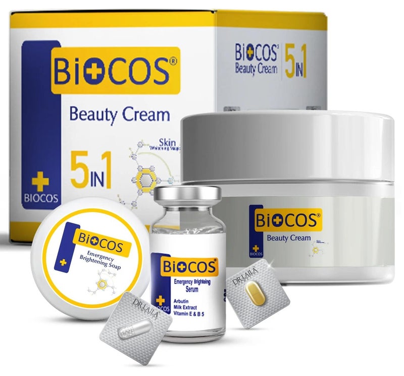 BIOCOS 5-in-1 Beauty Cream - Anti-aging Brightening And Deep Hydrating Formula Enriched With Arbutin Vitamin E, B5, Kojic Acid, Serum, And Beauty Soap