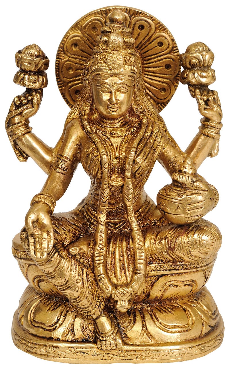 Aone India Brass Seated Goddess Lakshmi, Height: 6 Inch, Gold - Image 1