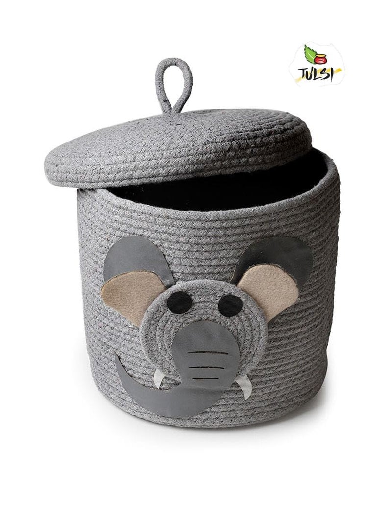 Rosslyn Kids Lid Basket with Beautiful Characters - Rope Storage Basket for Baby Diaper, Stuffed Animal Storage Bin Rope Basket for Kids Toy, Baby Laundry Baskets with lid - Grey Elephantt - Image 2