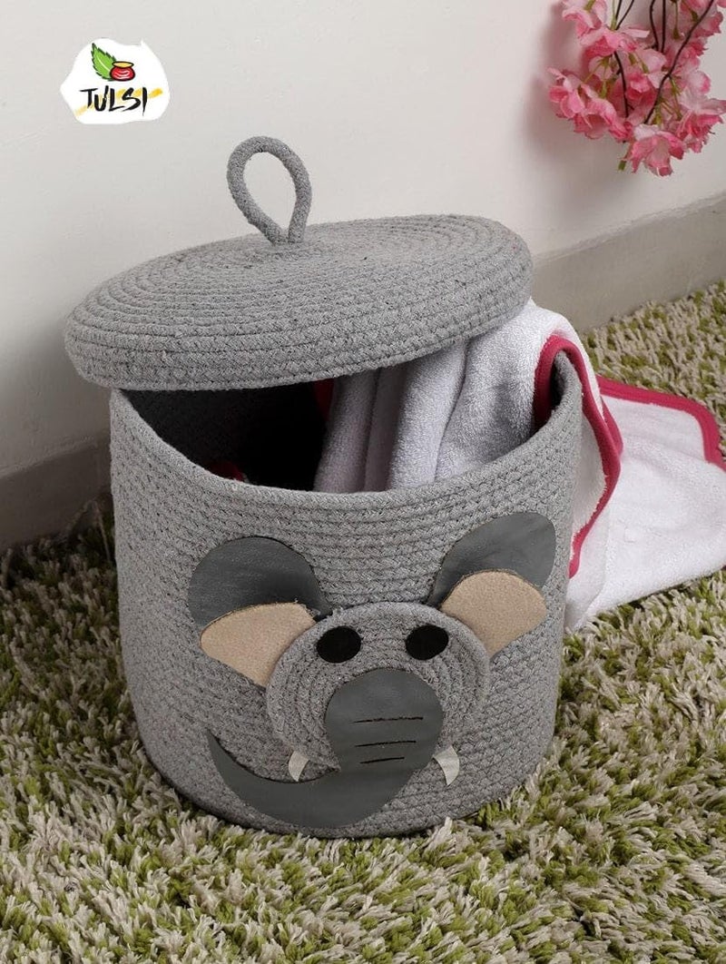 Rosslyn Kids Lid Basket with Beautiful Characters - Rope Storage Basket for Baby Diaper, Stuffed Animal Storage Bin Rope Basket for Kids Toy, Baby Laundry Baskets with lid - Grey Elephantt - Image 1