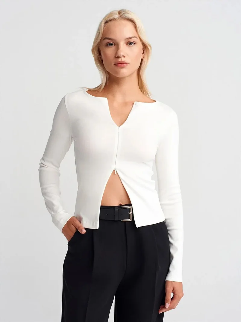 ديلفين Dilvin Slim Fit Cotton Blend Zipper Blouse