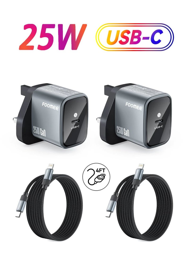 FOOMEE 2 Pack 25W USB-C iPhone Fast Charger with USB-C to Lightning Cable, GaN Charger for iPhone Samsung Xiaomi Huawei - Image 1