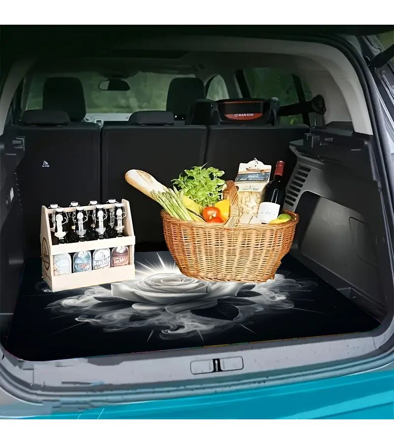 One Piece Black And White Rose Print Polyester SUV Cargo Liner Soft Durable Non Slip Machine Washable Easy Clean Car Trunk Mat - Image 4