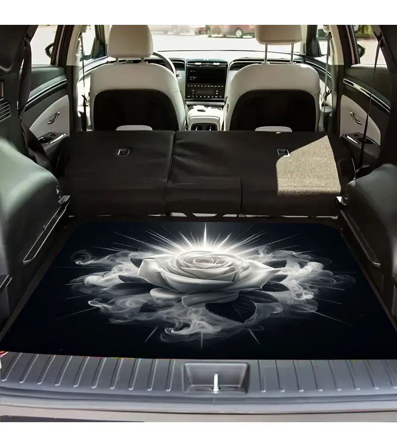 One Piece Black And White Rose Print Polyester SUV Cargo Liner Soft Durable Non Slip Machine Washable Easy Clean Car Trunk Mat - Image 1