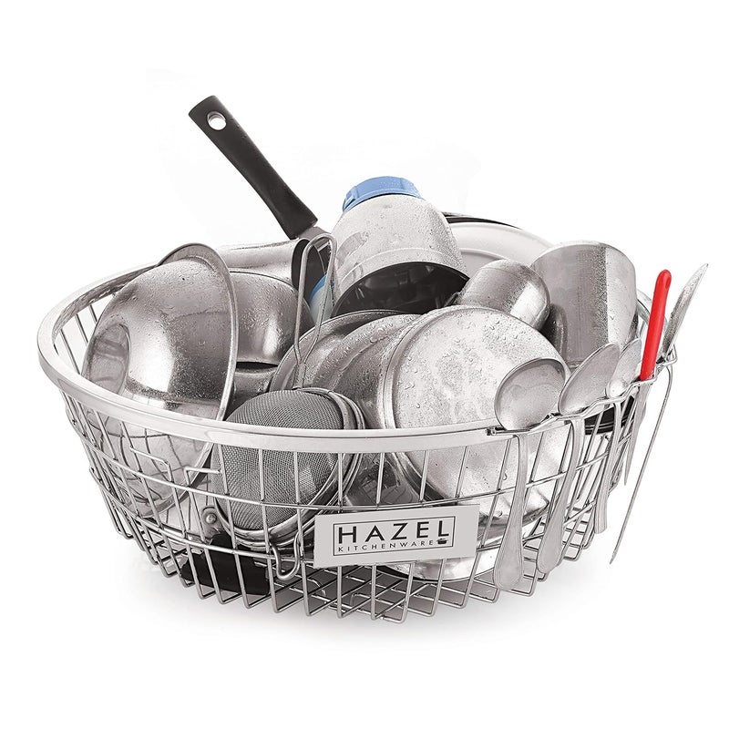 Hazel سلة تصريف الأطباق من هازيل المصنوعة من الفولاذ المقاوم للصدأ للمطبخ | رف أدوات بحجم متوسط للمطبخ | سلة أدوات من الفولاذ للمطبخ | سلة مطبخ دائرية للاستخدام اليومي للأدوات - Image 1