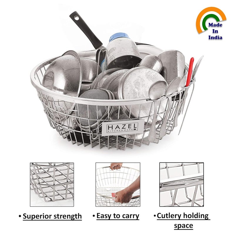 Hazel سلة تصريف الأطباق من هازيل المصنوعة من الفولاذ المقاوم للصدأ للمطبخ | رف أدوات بحجم متوسط للمطبخ | سلة أدوات من الفولاذ للمطبخ | سلة مطبخ دائرية للاستخدام اليومي للأدوات - Image 3