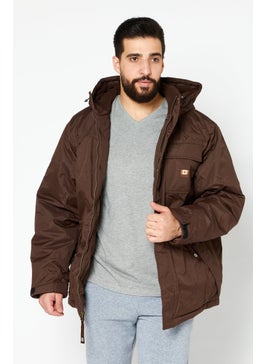 Men Hooded Long Sleeves Parka Jacket, Dark Brown