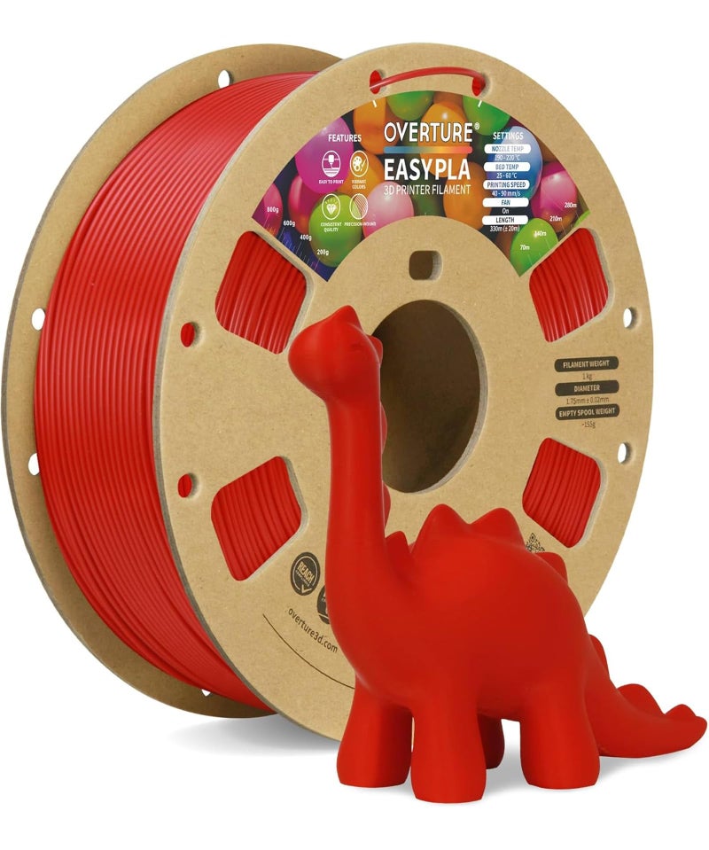 OVERTURE Easy PLA 175mm 3D Printer Filament 1kg PLA Cardboard Spool 22lbs Dimensional Accuracy 002mm Fit Most FDM Printer Easy Red