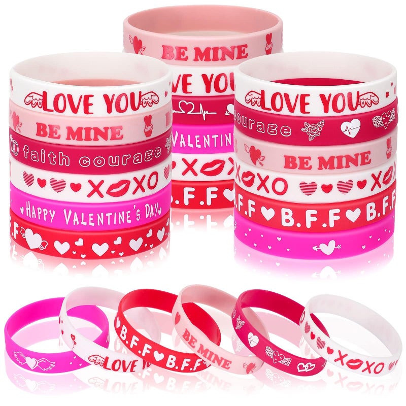 JUNEBRUSHS 42pcs Valentine's Day Party Favors Silicone Bracelets Pink Red Love Heart Rubber Wristbands Accessories for Adults Valentine's Day Party Decorations Gift (6 Designs) - Image 1