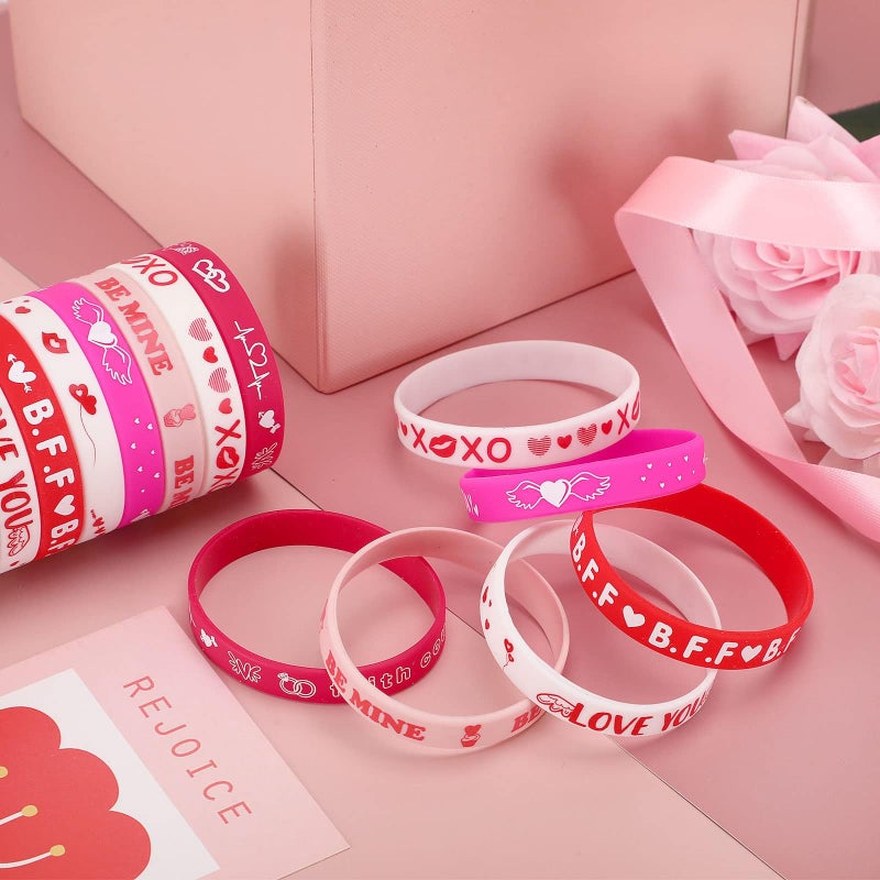 JUNEBRUSHS 42pcs Valentine's Day Party Favors Silicone Bracelets Pink Red Love Heart Rubber Wristbands Accessories for Adults Valentine's Day Party Decorations Gift (6 Designs) - Image 5