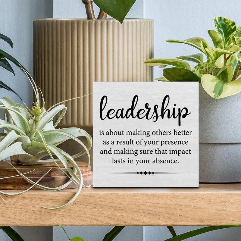 PIXCEOS Leadership Quote Decorative Wooden Box Sign Leadership is About Making Others Better Wood Block Plaque Decor Desk Shelf or Wall Display for Office Boss Leader Retirement Farewell Gift - Image 3