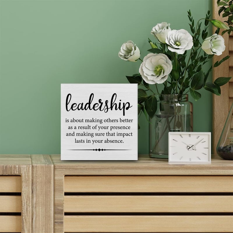 PIXCEOS Leadership Quote Decorative Wooden Box Sign Leadership is About Making Others Better Wood Block Plaque Decor Desk Shelf or Wall Display for Office Boss Leader Retirement Farewell Gift - Image 4