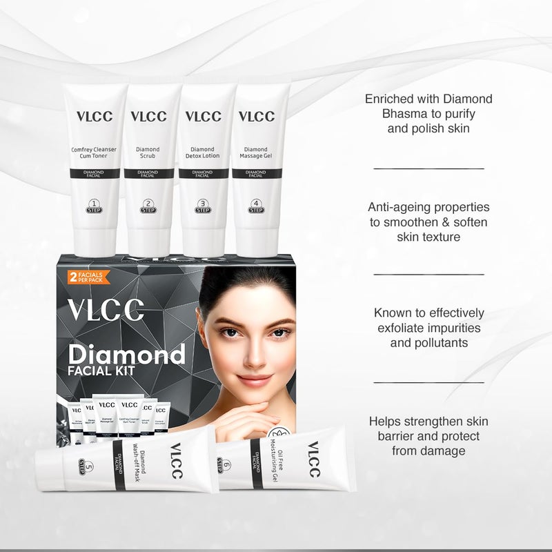 VLCC VLCC Diamond Facial Kit 60g Skin purifying with Parlour Glow Improves Elasticity Brightens and Lightens Patchy Damaged Skin With Colloidal Diamond Jojoba Oil Olive Oil Aloe Vera  - Image 5