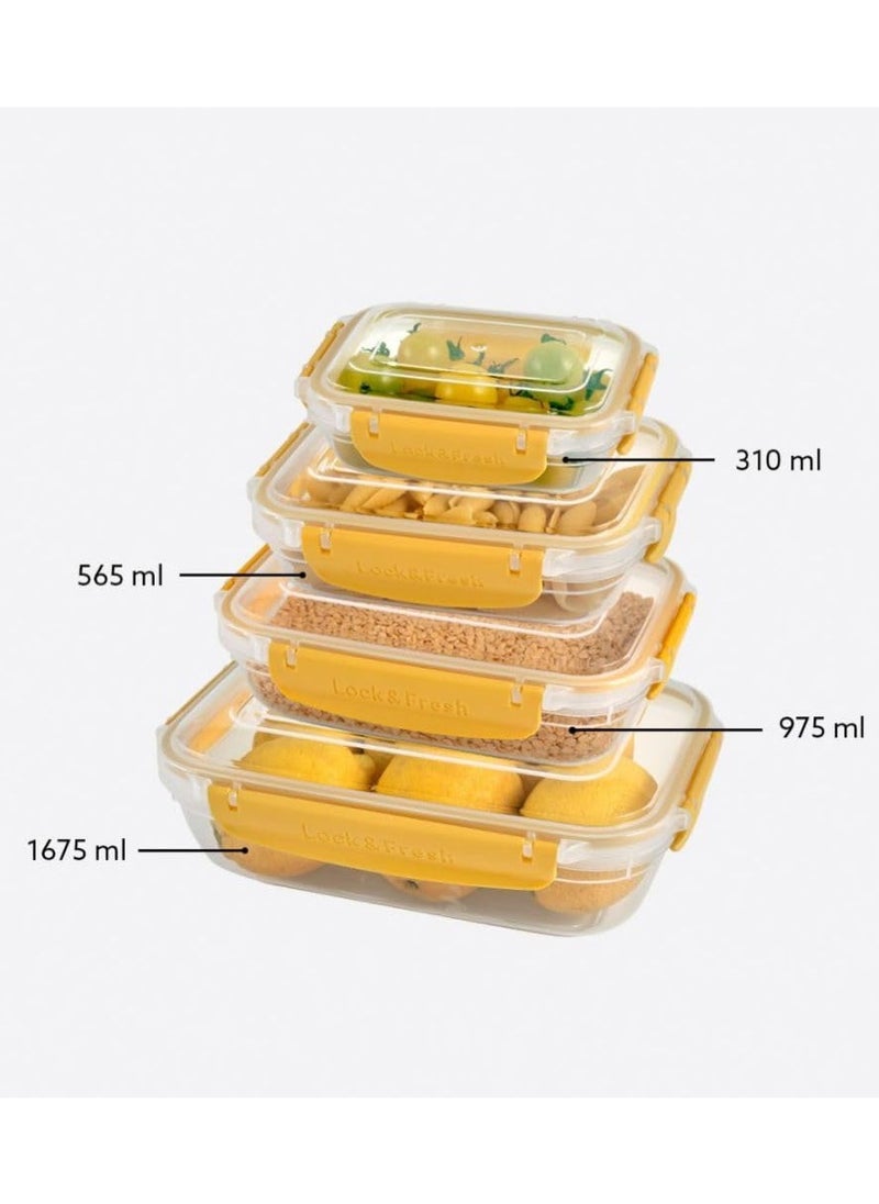 Dunya plastic BPA free rectangular master container set air tighted lid can be used for food storage meal prep food storage set of 4pcs varies in the set 310,565,975,1675 ml yellow