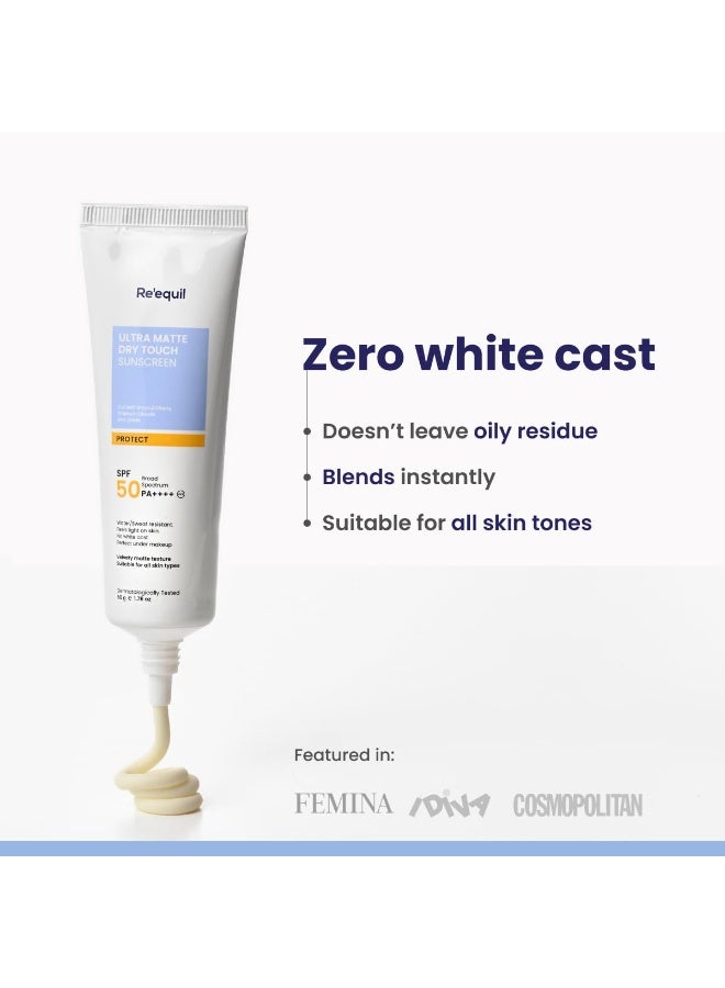 RE' EQUIL Ultra Matte Dry Touch Sunscreen | SPF 50 PA++++ | Water & Sweat Resistant | No White Cast, Non-Greasy & Non-Comedogenic | For All Skin Types | 50G - Image 2