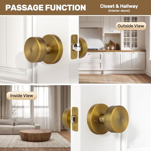 naubea Antique Brass Passage Door Knobs Interior Old Style Round Door Knob Antique Door Handle for Hallway Pantry Closet Door Knob - Image 3