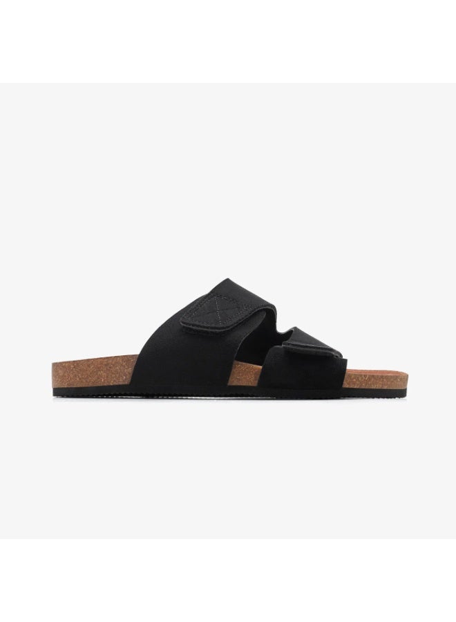 NDURE Men's Double Strap Slide Sandals, Black, Cork Footbed, Adjustable Velcro Straps, Casual Comfort - Image 2
