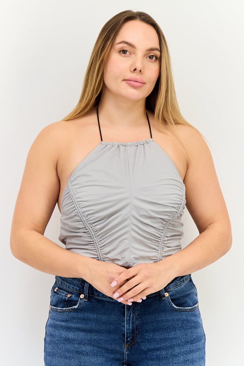 Bershka بلوزة نسائية بدون أكمام بحمالة عنق، رمادي - Image 1