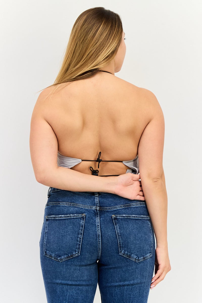 Bershka بلوزة نسائية بدون أكمام بحمالة عنق، رمادي - Image 3