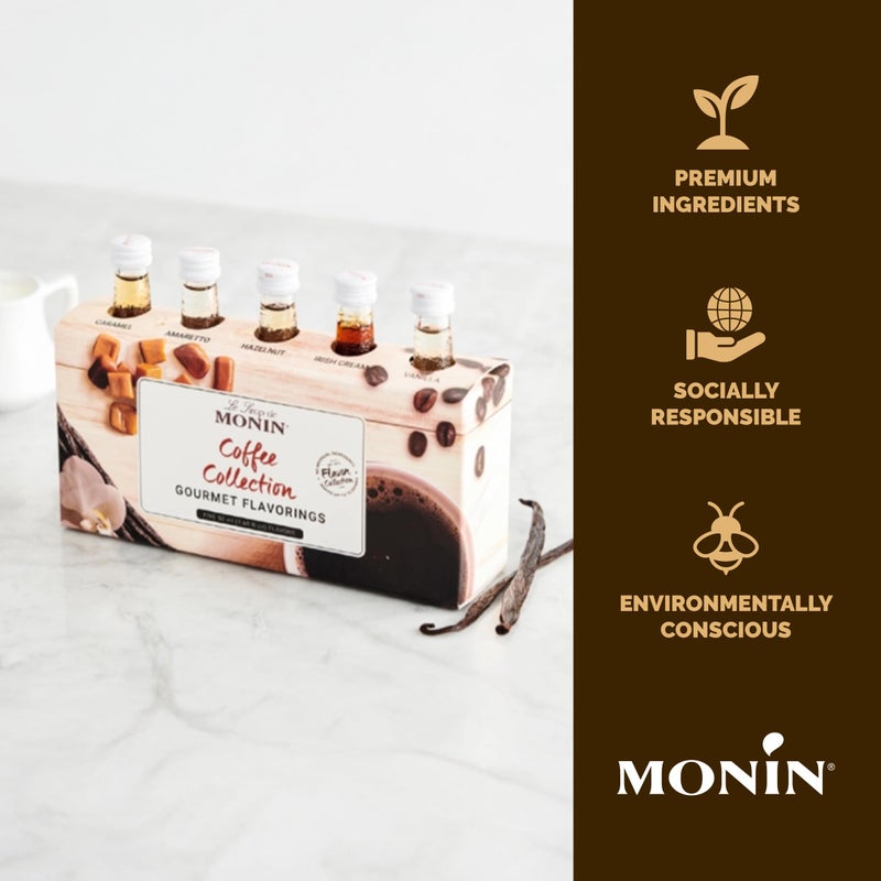 Monin - Gourmet Flavorings Premium Coffee Collection, Great for Coffee, Tea, and Lattes, Non-GMO, Gluten-Free (Caramel, Amaretto, French Hazelnut, Irish Cream, Vanilla) | 50 ml Per Bottle - Image 4