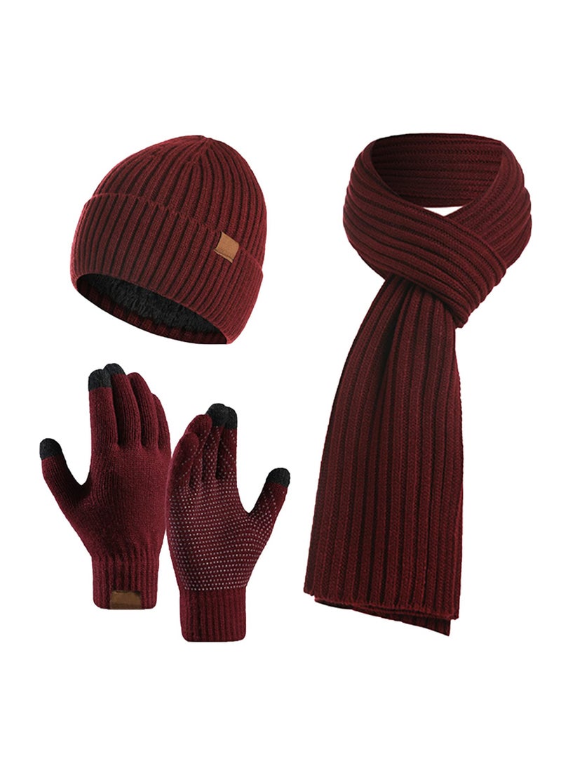 3Pcs Winter Beanie Hat Scarf Gloves Set for Men Womens Ski Cap Touch Screen Mittens Suit Couples Matching Hats Women Red - Image 1