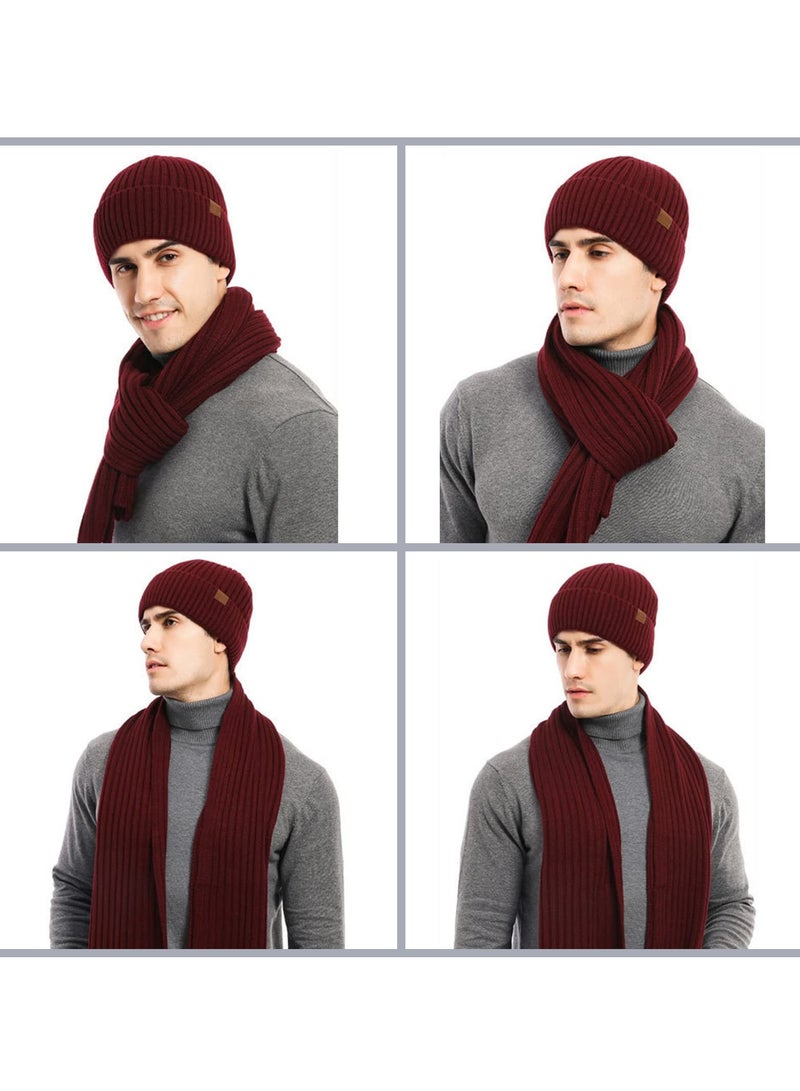 3Pcs Winter Beanie Hat Scarf Gloves Set for Men Womens Ski Cap Touch Screen Mittens Suit Couples Matching Hats Women Red - Image 2