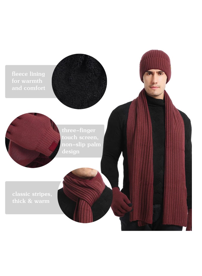 3Pcs Winter Beanie Hat Scarf Gloves Set for Men Womens Ski Cap Touch Screen Mittens Suit Couples Matching Hats Women Red - Image 3