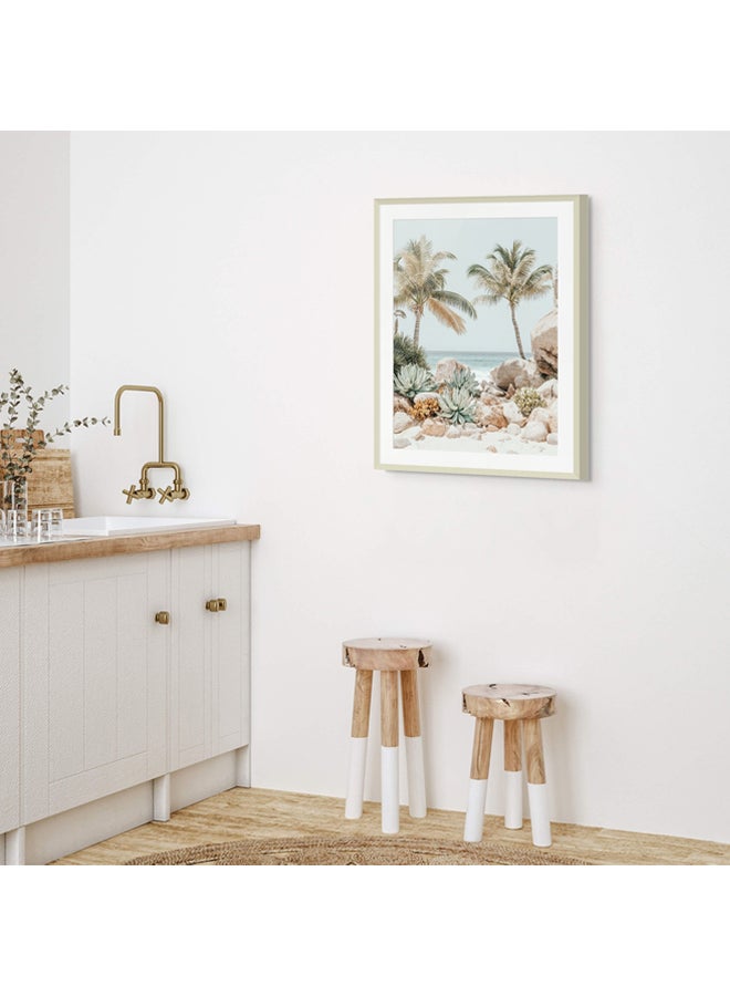 Art Decor Framed Fine Art Tropical Beach with Palm Trees Portrait Aesthetic Coastal Print with Matt Board Wall Décor for Living Room Bedroom Home Office Hotel Gifting
