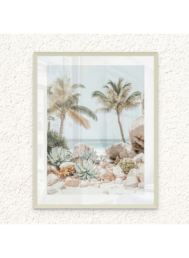 Art Decor Framed Fine Art Tropical Beach with Palm Trees Portrait Aesthetic Coastal Print with Matt Board Wall Décor for Living Room Bedroom Home Office Hotel Gifting