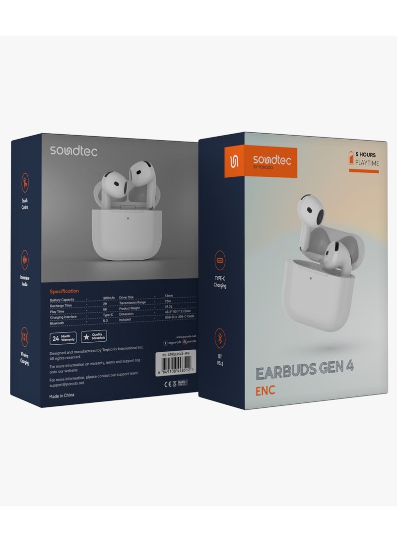 porodo Earbuds Gen 4 with Touch Control and ENC Noise Reduction / Immersive Audio / Wireless and Type-C Charging / Bluetooth v5.3 - White - Image 3
