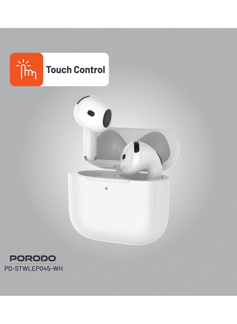 porodo Earbuds Gen 4 with Touch Control and ENC Noise Reduction / Immersive Audio / Wireless and Type-C Charging / Bluetooth v5.3 - White - Image 3