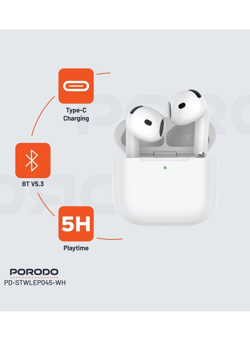 porodo Earbuds Gen 4 with Touch Control and ENC Noise Reduction / Immersive Audio / Wireless and Type-C Charging / Bluetooth v5.3 - White - Image 2