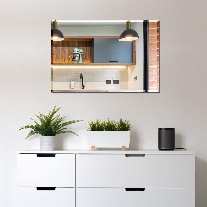 Ruomeng Frameless Bathroom Mirror for Wall, Rectangle Beveled Edge Mirror for Over Sink, Tempered Glass, Shatterproof, Hangs Horizontally or Vertically for Living Room, Entryway, Restroom, 24" x 16" - Image 4