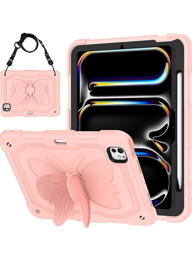 erorex iPad Pro 11 Inch 2024 Case, with Butterfly Kickstand/Lanyard/Pencil Holder for Kids Girls Case for iPad pro 11 inch - Pink - Image 1
