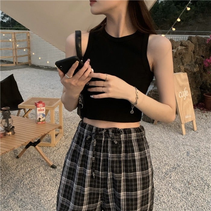 American-Style Small Round Neck Slim-Fit Crop Top For Outerwear, Summer Trendy Camisole Top With A Sense Of Design - Image 3